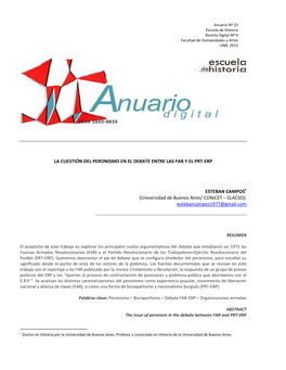 LA CUESTIÓN DEL PERONISMO EN EL DEBATE ENTRE LAS FAR Y EL PRT-ERP ESTEBAN CAMPOS* (Universidad De Buenos Aires/ CONICET –