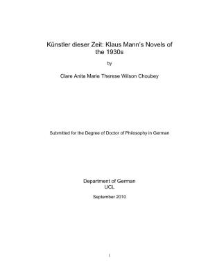 Künstler Dieser Zeit: Klaus Mann's Novels of the 1930S