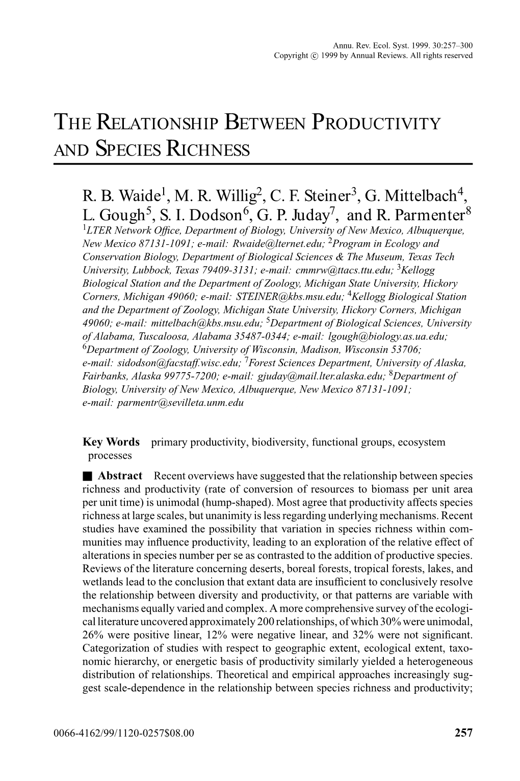 The Relationship Between Productivity and Species Richness