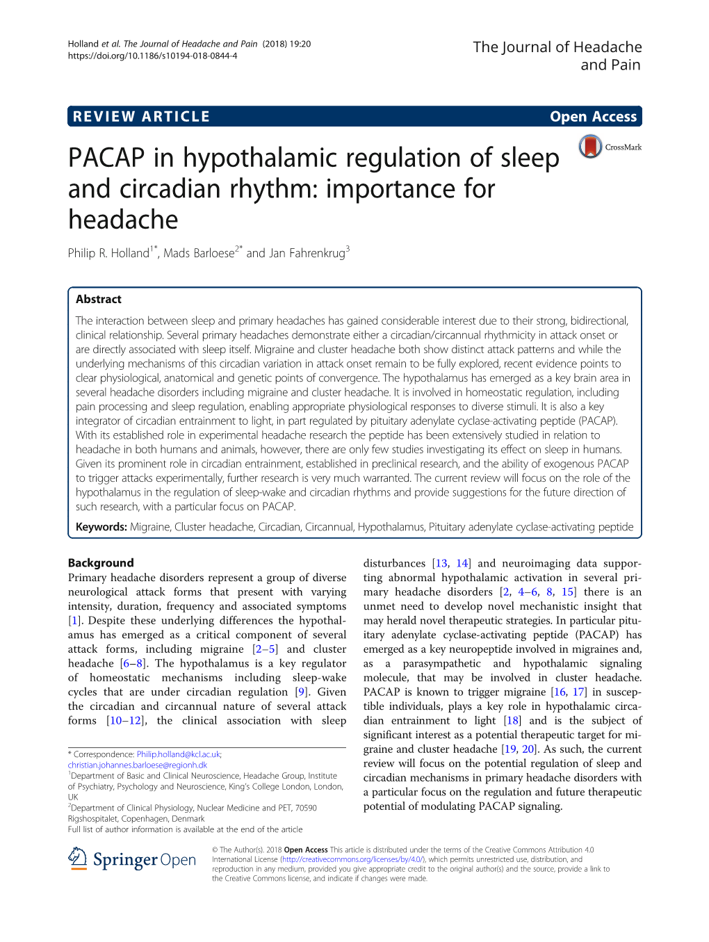 PACAP in Hypothalamic Regulation of Sleep and Circadian Rhythm: Importance for Headache Philip R