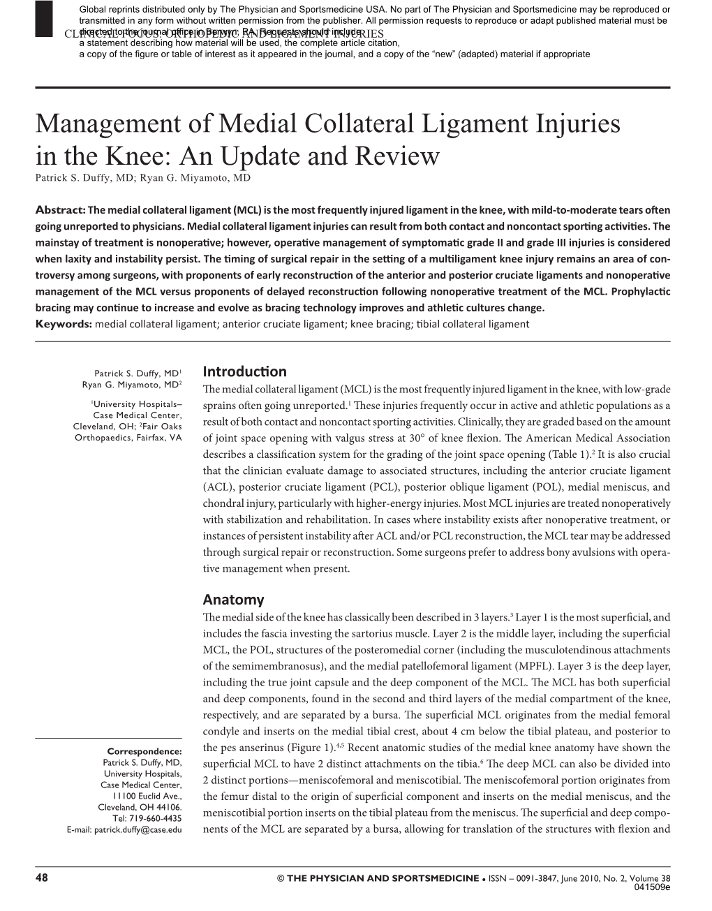 Management of Medial Collateral Ligament Injuries in the Knee: an Update and Review Patrick S