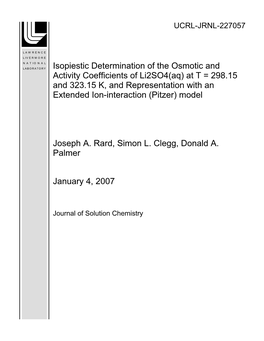 Isopiestic Determination of the Osmotic And