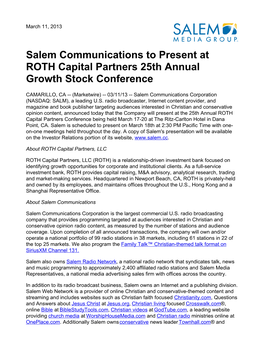 Salem Communications to Present at ROTH Capital Partners 25Th Annual Growth Stock Conference