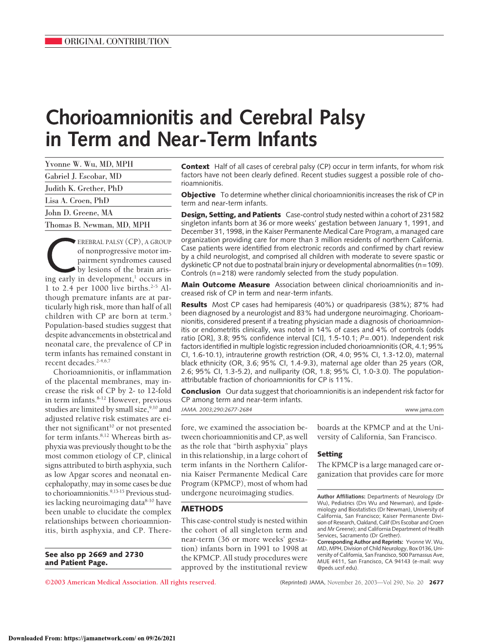 Chorioamnionitis and Cerebral Palsy in Term and Near-Term Infants