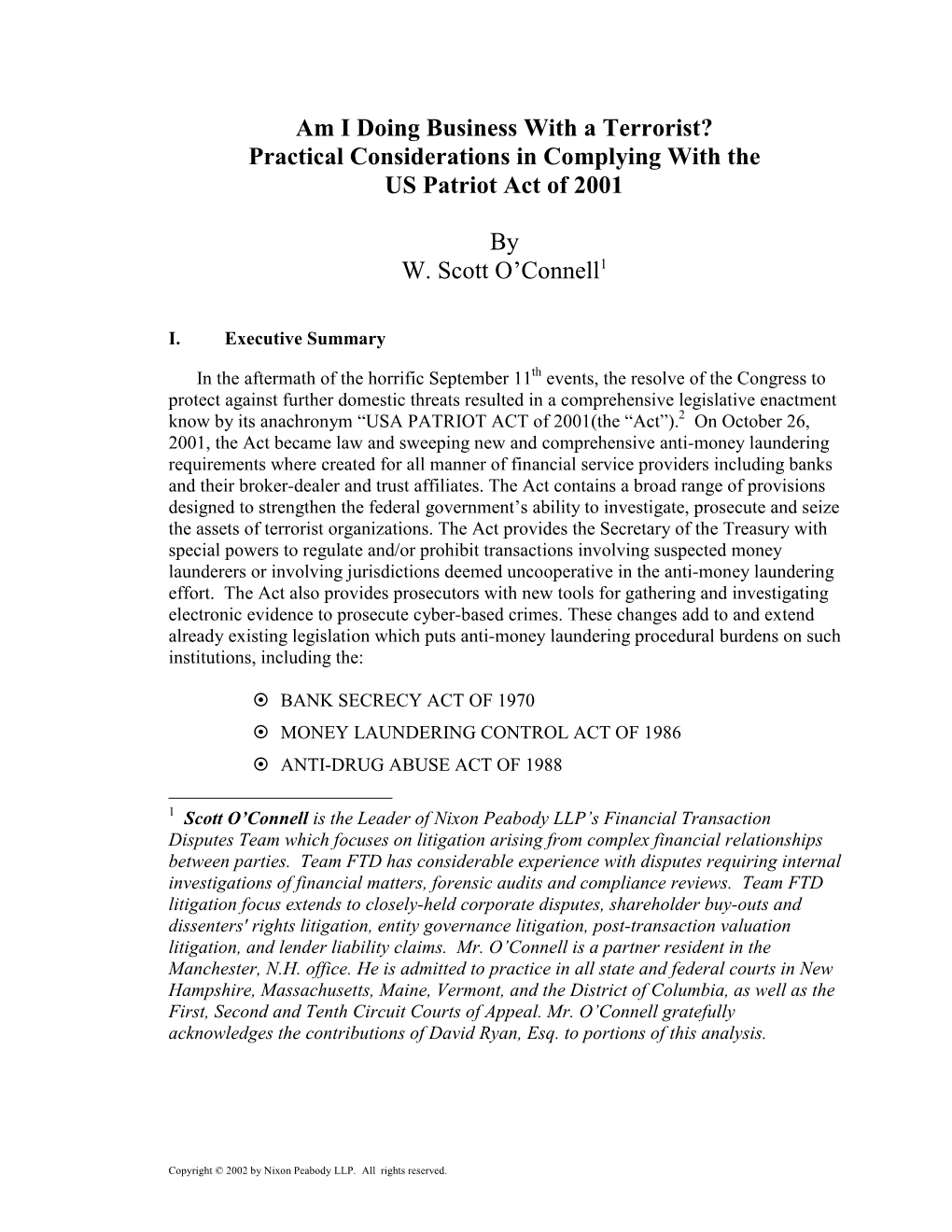 Practical Considerations in Complying with the US Patriot Act of 2001 By