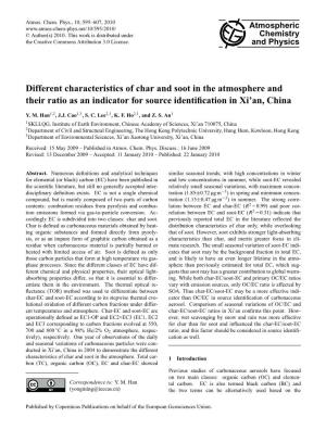 Different Characteristics of Char and Soot in the Atmosphere and Their Ratio As an Indicator for Source Identiﬁcation in Xi’An, China