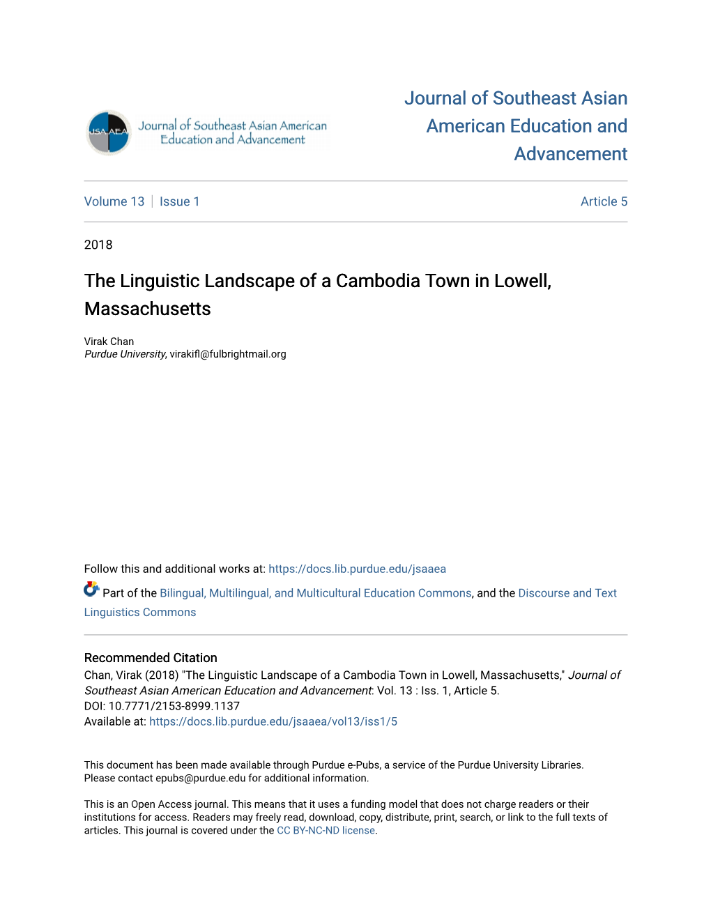 The Linguistic Landscape of a Cambodia Town in Lowell, Massachusetts