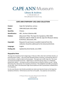 Cape Ann Symphony 1952-2002 Collection