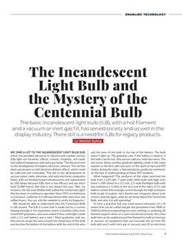 The Incandescent Light Bulb and the Mystery of the Centennial Bulb