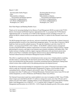 Letter to House Appropriations Interior Subcommittee FY22 BLM