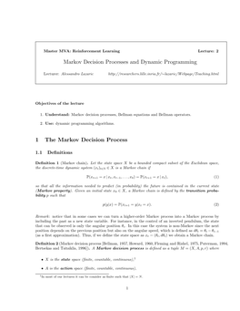 Markov Decision Processes and Dynamic Programming 1 The