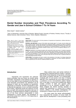 Dental Number Anomalies and Their Prevalence According to Gender and Jaw in School Children 7 to 14 Years