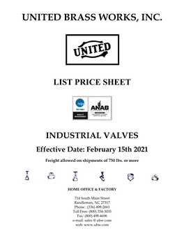 United Brass Works, Inc. List Price Sheet Industrial