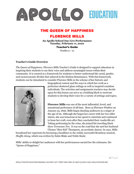 THE QUEEN of HAPPINESS FLORENCE MILLS an Apollo School Day Live Performance Tuesday, February 11, 2020 Teacher’S Guide Grades 9 - 12