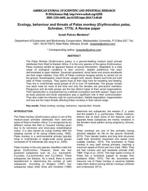 Ecology, Behaviour and Threats of Patas Monkey (Erythrocebus Patas, Schreber, 1775): a Review Paper