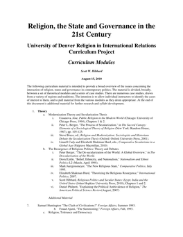 Religion, the State and Governance in the 21St Century University of Denver Religion in International Relations Curriculum Project Curriculum Modules