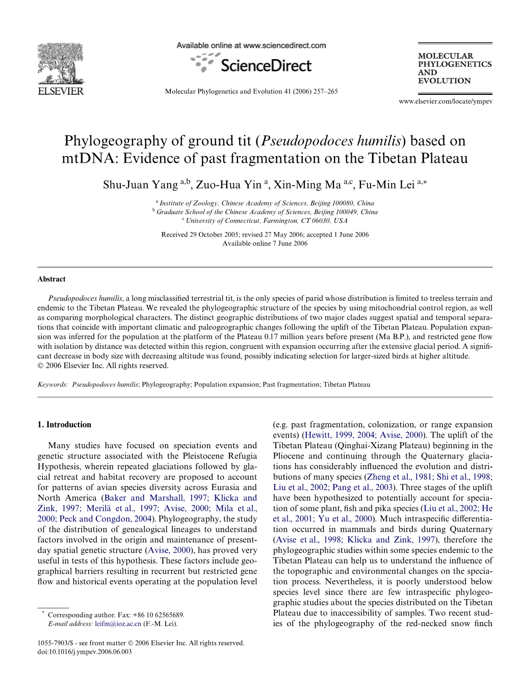 Phylogeography of Ground Tit (Pseudopodoces Humilis) Based on Mtdna: Evidence of Past Fragmentation on the Tibetan Plateau