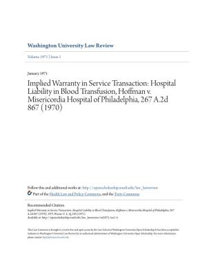 Implied Warranty in Service Transaction: Hospital Liability in Blood Transfusion, Hoffman V
