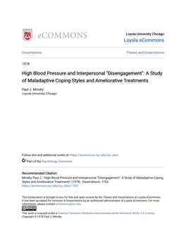 High Blood Pressure and Interpersonal "Disengagement": a Study of Maladaptive Coping Styles and Ameliorative Treatments