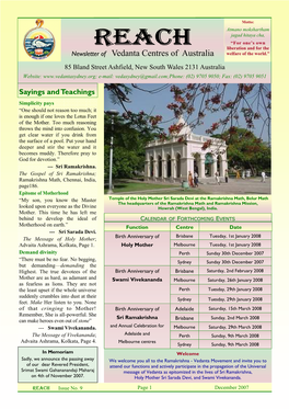 REACH “For One’S Own Liberation and for the Newsletter of Vedanta Centres of Australia Welfare of the World.”
