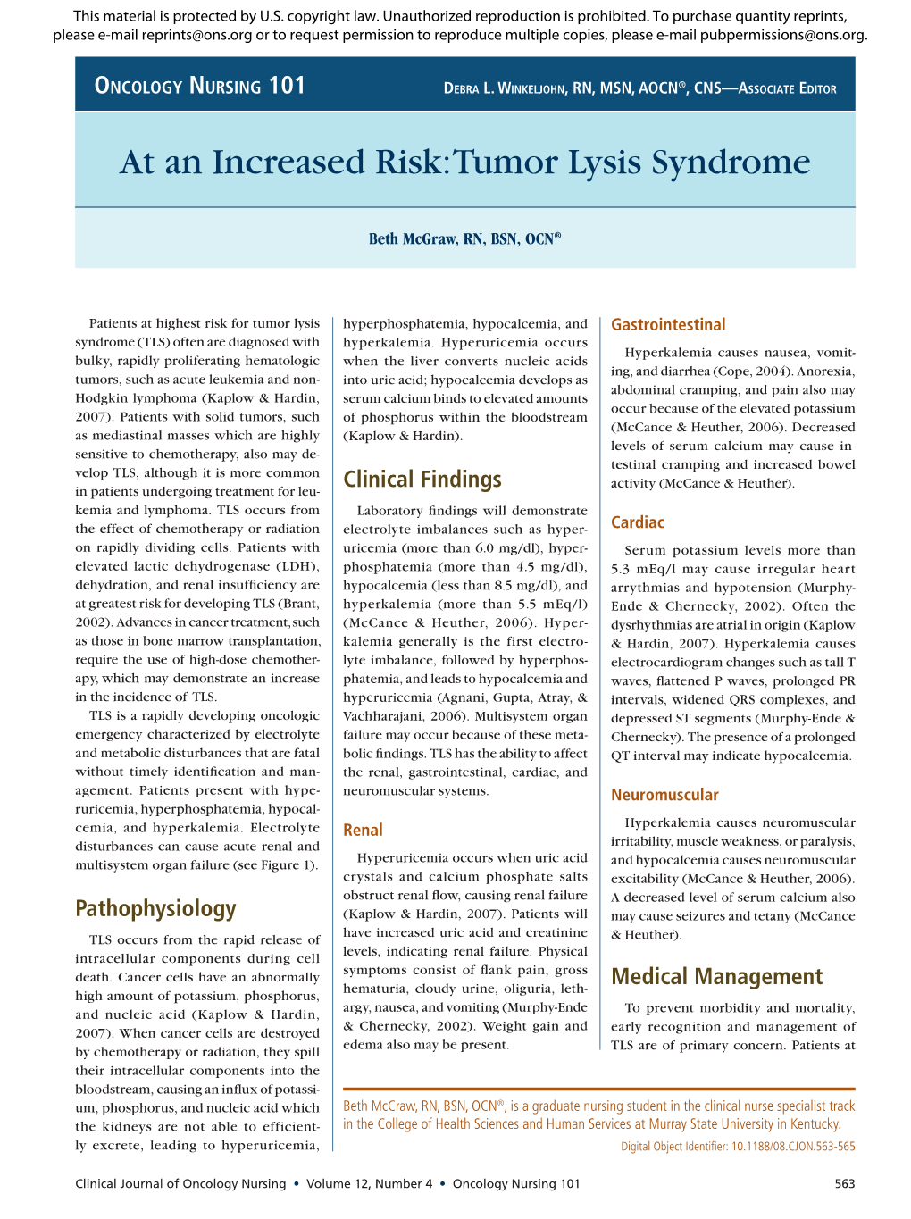 At an Increased Risk: Tumor Lysis Syndrome