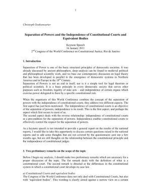 Separation of Powers and the Independence of Constitutional Courts and Equivalent Bodies