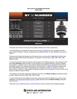 NHL STATS & INFORMATION NOTES HUB CITIES * Edmonton And