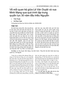 Về Mối Quan Hệ Giữa Lê Văn Duyệt Và Vua Minh Mạng Qua Quá Trình Tập Trung Quyền Lực 30 Năm Đầu Triều Nguyễn