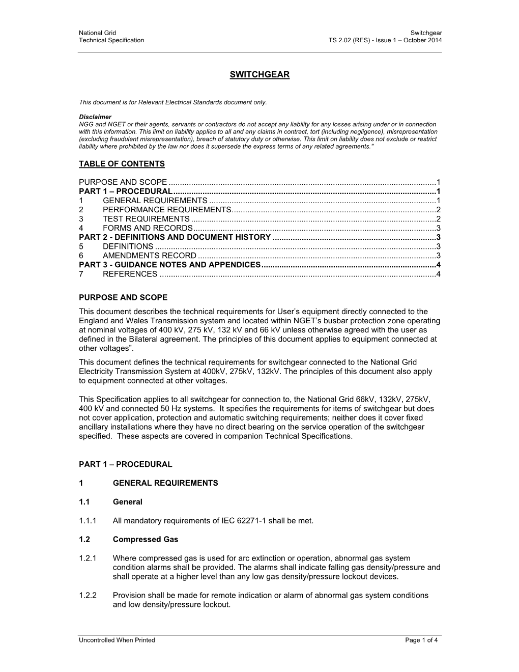 Switchgear Technical Specification TS 2.02 (RES) - Issue 1 – October 2014