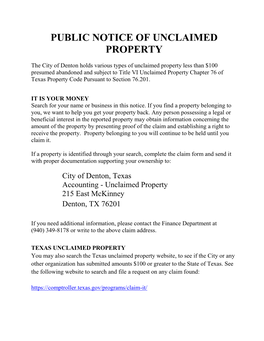 Public Notice of Unclaimed Property