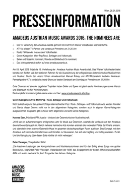 PRESSEINFORMATION AMADEUS AUSTRIAN MUSIC AWARDS 2016: the NOMINEES ARE O Die 16