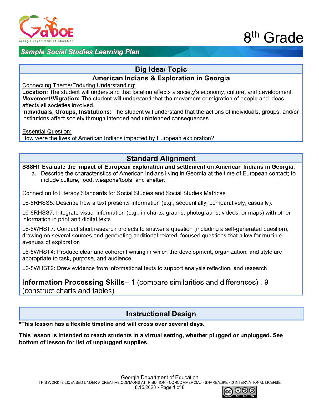 8 Grade Sample Social Studies Learning Plan