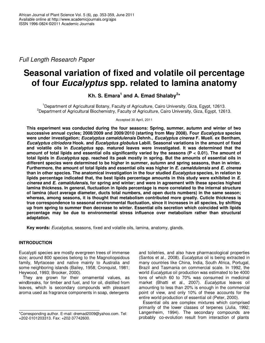 Seasonal Variation of Fixed and Volatile Oil Percentage of Four Eucalyptus Spp
