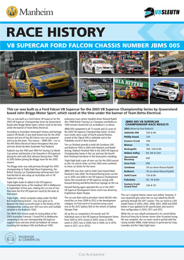 Race History V8 Supercar Ford Falcon Chassis Number Jbms 005