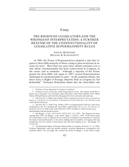 The Rights of Legislators and the Wrongs of Interpretation: a Further Defense of the Constitutionality of Legislative Supermajority Rules
