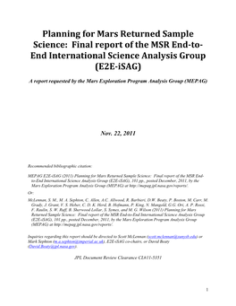 Planning for Mars Returned Sample Science: Final Report of the MSR End-To- End International Science Analysis Group (E2E-Isag)