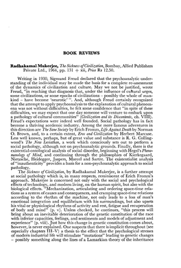 BOOK REVIEWS Radhakamal Mukerjee, the Sickness of Civilization, Bombay, Allied Publishers Private Ltd., 1964, Pp. 131 + Xii
