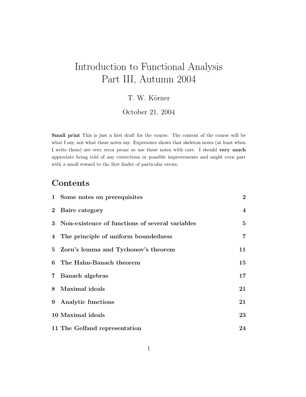 Introduction to Functional Analysis Part III, Autumn 2004