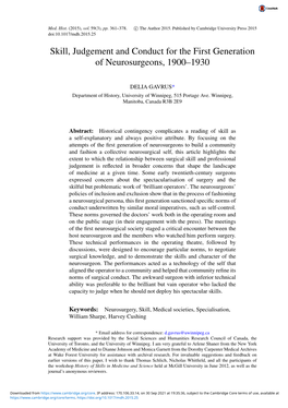 Skill, Judgement and Conduct for the First Generation of Neurosurgeons, 1900–1930