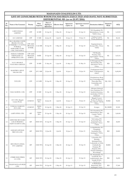 Mahanadi Coalfields Ltd. List of Consumers with Whom Fsa Has Been Executed and Have Not Submitted Differential Sd