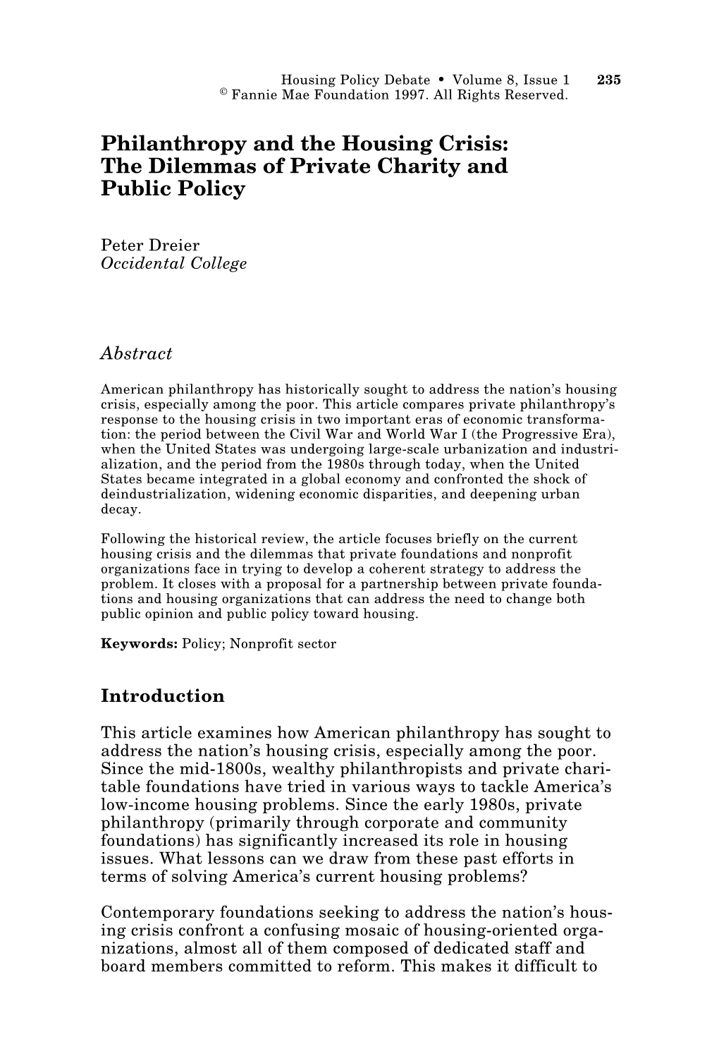 Philanthropy and the Housing Crisis: the Dilemmas of Private Charity and Public Policy