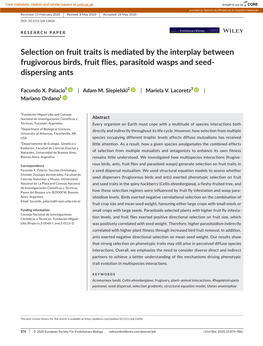 Selection on Fruit Traits Is Mediated by the Interplay Between Frugivorous Birds, Fruit Flies, Parasitoid Wasps and Seed- Dispersing Ants