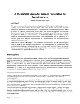 A Theoretical Computer Science Perspective on Consciousness1