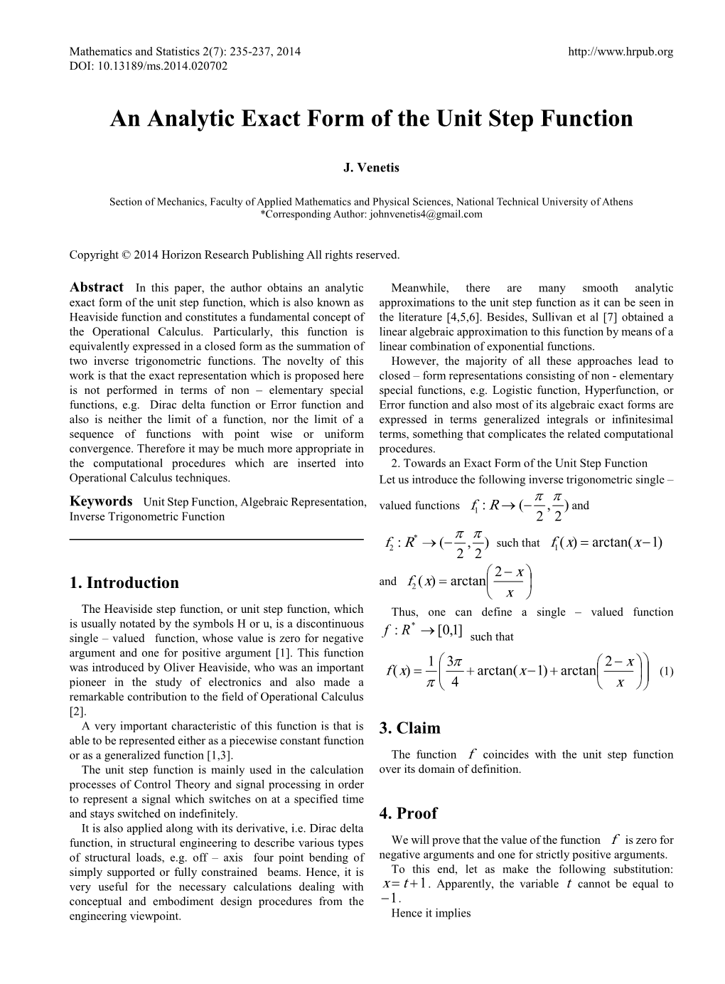 An Analytic Exact Form of the Unit Step Function