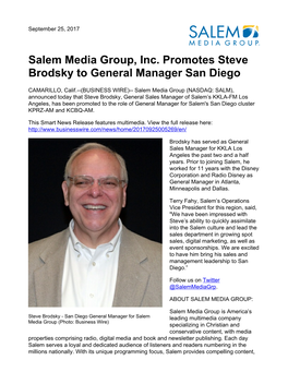 Salem Media Group, Inc. Promotes Steve Brodsky to General Manager San Diego