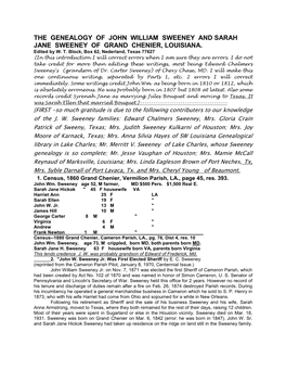 The Genealogy of John William Sweeney and Sarah Jane Sweeney of Grand Chenier, Louisiana