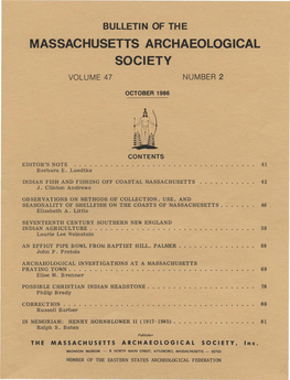 Bulletin of the Massachusetts Archaeological Society, Vol. 47, No