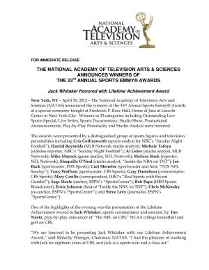 The National Academy of Television Arts & Sciences Announces Winners of the 33 Annual Sports Emmy® Awards