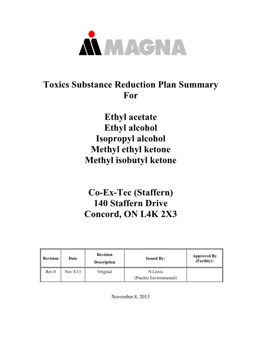 Toxics Substance Reduction Plan Summary for Ethyl Acetate Ethyl