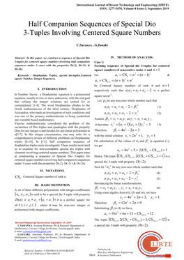 Half Companion Sequences of Special Dio 3-Tuples Involving Centered Square Numbers